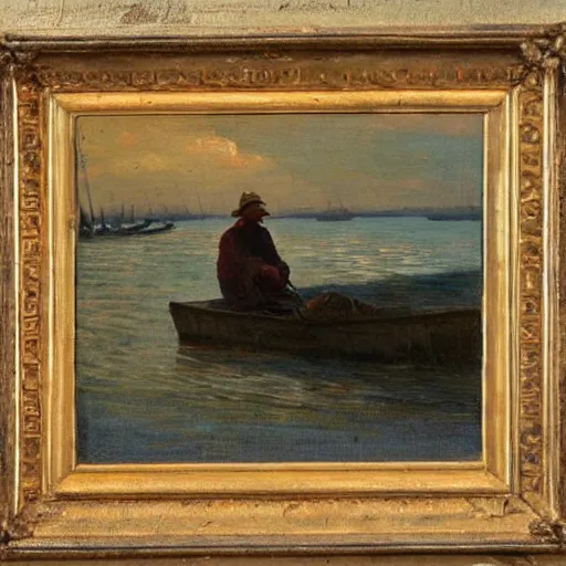 Image similar to old fisherman at work on his boat. early morning. late 1 9 th century. oil on canvas.