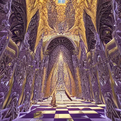 Prompt: a beautiful 3 d painting of a massive fractal cathedral interior populated by mandelbrot fractals, unreal engine, carved ivory, octane render, realistic, perspective, volumetric lighting, hyperrealism, shocking, glowing, carved marble, opalescent, carved soap, neon, sacred geometry, angelic, catholicpunk, photorealism, 8 k