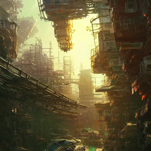 Image similar to A futuristic Tokyo solarpunk scientific overgrown metropolis on a sunny day, solar panels, art by Andreas Rocha and greg rutkowski, highly detailed, digital painting, matte painting, concept art, illustration, warm lighting, trending on artstation, very detailed