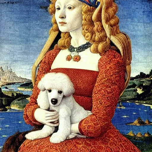 Image similar to portrait of a white poodle dog as an italian queen, painting by botticelli, 1 4 8 0 s