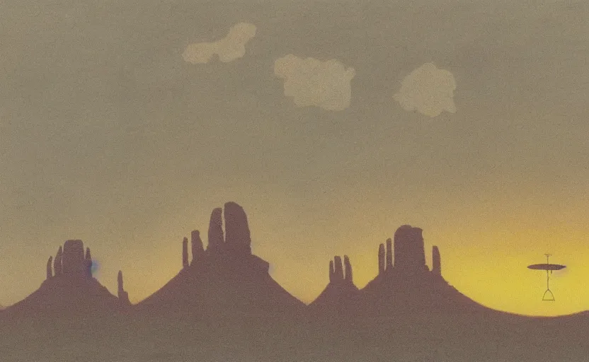 Image similar to a cell - shaded studio ghibli concept art from paprika ( 2 0 0 6 ) of a ufo from independence day ( 1 9 9 6 ) is shining a spotlight on a lush temple that looks like monument valley stonehenge jungle on a misty starry night. a giant camel is in the foreground. very dull colors, hd, 4 k, hq