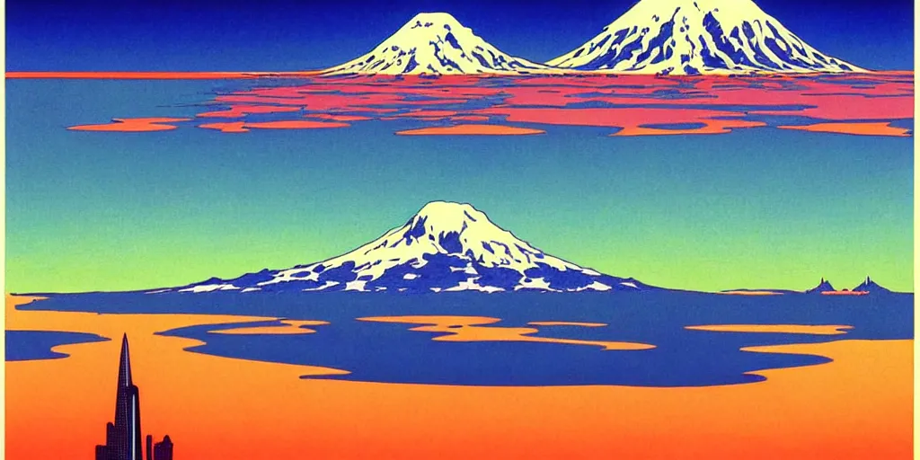Image similar to seattle with mount rainier in the background, acid and dreaming psychedelic hallucinations, by kawase hasui, moebius and edward hopper, colorful flat surreal design, hd, 8 k, artstation