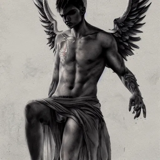beautiful androgynous fallen angel with tattoos on his
