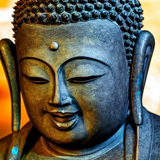 Image similar to a 4 k photorealistic buddha sculpture in thailand with headphones eyes closed