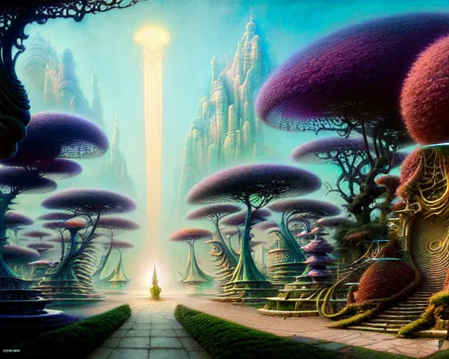 Prompt: street view of the forbidden garden, fantasy landscape made of fractals facing each other, ultra realistic, wide angle, intricate details, the fifth element artifacts, highly detailed by peter mohrbacher, hajime sorayama, wayne barlowe, boris vallejo, aaron horkey, gaston bussiere, craig mullins