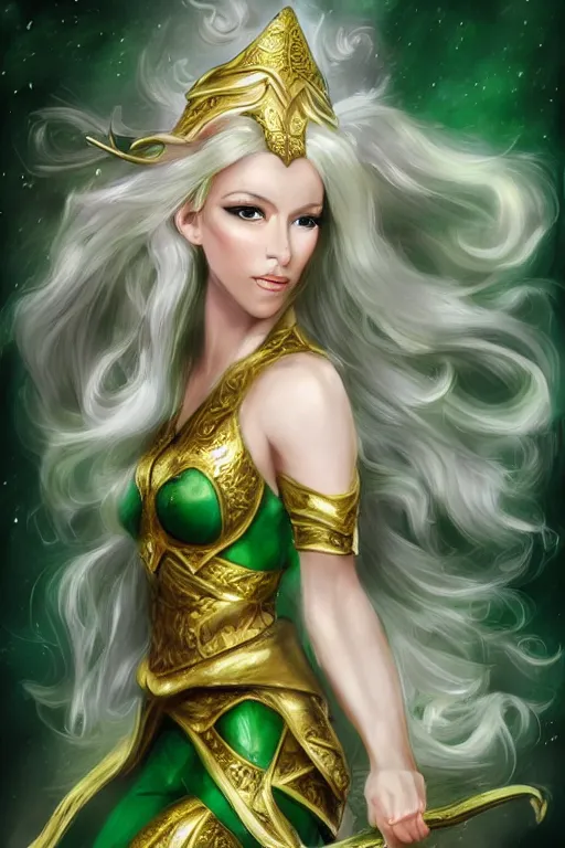 Image similar to fantasy, female, elf, fey - like, long curly hair, blond hair, warrior, dancer, green and white clothes, golden embossing, golden jewelry, swords, beautiful, elegant, portrait