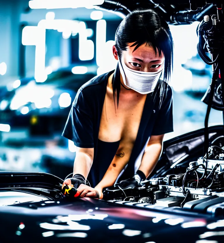 Image similar to a photo close up a female mechanic working on engine of a cyberpunk supercar, wearing mask, japanese tuning garage, cyberpunk gunma prefecture, midnight, photorealistic, cinematic color, studio lighting, highly detailed, bokeh, style by tomino - sama