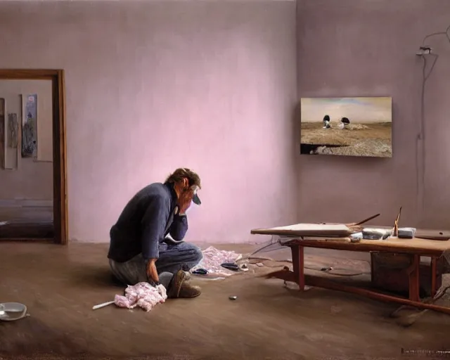 Image similar to an exhausted painter in his studio painting a picture of a pink penguin - key lighting, soft lights, foggy, by steve hanks, by lisa yuskavage, by serov valentin, by tarkovsky, 8 k render, detailed, oil on canvas