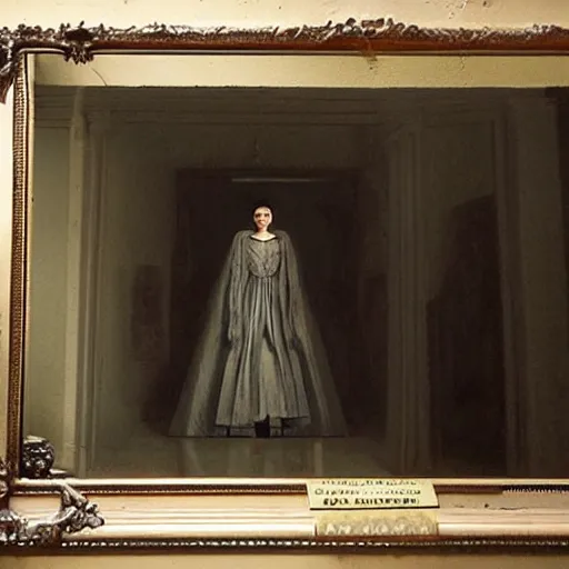 Prompt: a beautiful victorian woman is frightened by her doppleganger in a mirror. she is in a long hallway of mirrors. elegant design, haunting atmosphere, dimly lit, gothic, horror style, by greg rutkowski, realistic, low angle, 3 / 4 view.