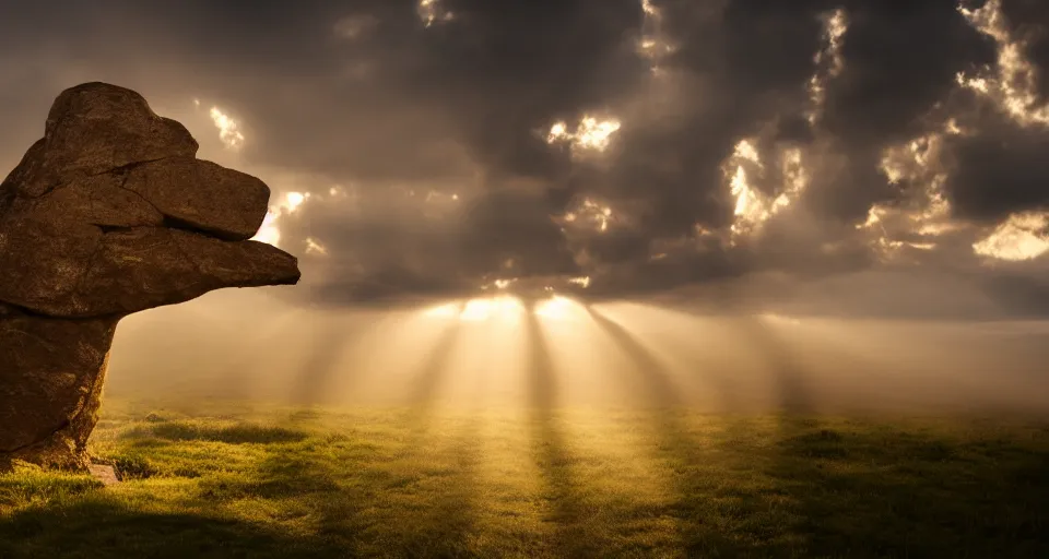 Image similar to landscape photo showing a huge hand made of stone in the background, dramatic lighting, hazy atmosphere, god rays