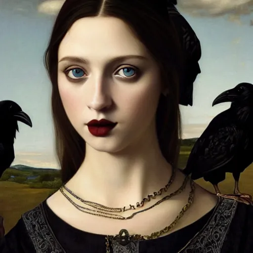 Prompt: full body portrait of a girl with blue eyes, gentle face, long dark hair, intricate detailed goth dress, among ravens, highly detailed, deep focus, elegant, digital painting, smooth, sharp focus, golden ratio, illustration, ultra realistic, 8 k, art by artgerm, artemisia lomi gentileschi and caravaggio