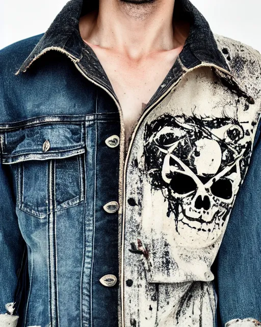 Prompt: a close up award - winning photo of a thick plain cropped extremely baggy distressed pirate designer menswear cloth jacket designed by alexander mcqueen, 4 k, studio lighting, wide angle lens