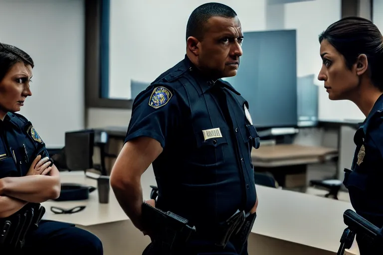 Image similar to vfx film closeup, police detective couple arguing in police precinct, over the shoulder shot, flat color profile low - key lighting award winning photography arri alexa cinematography, hyper real photorealistic cinematic beautiful natural skin, famous face, atmospheric cool colorgrade