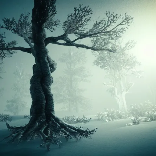 Prompt: photorealistic beautiful oldest tree in strange forest, snow, volumetric light, volumetric dusk fog, rule of thirds