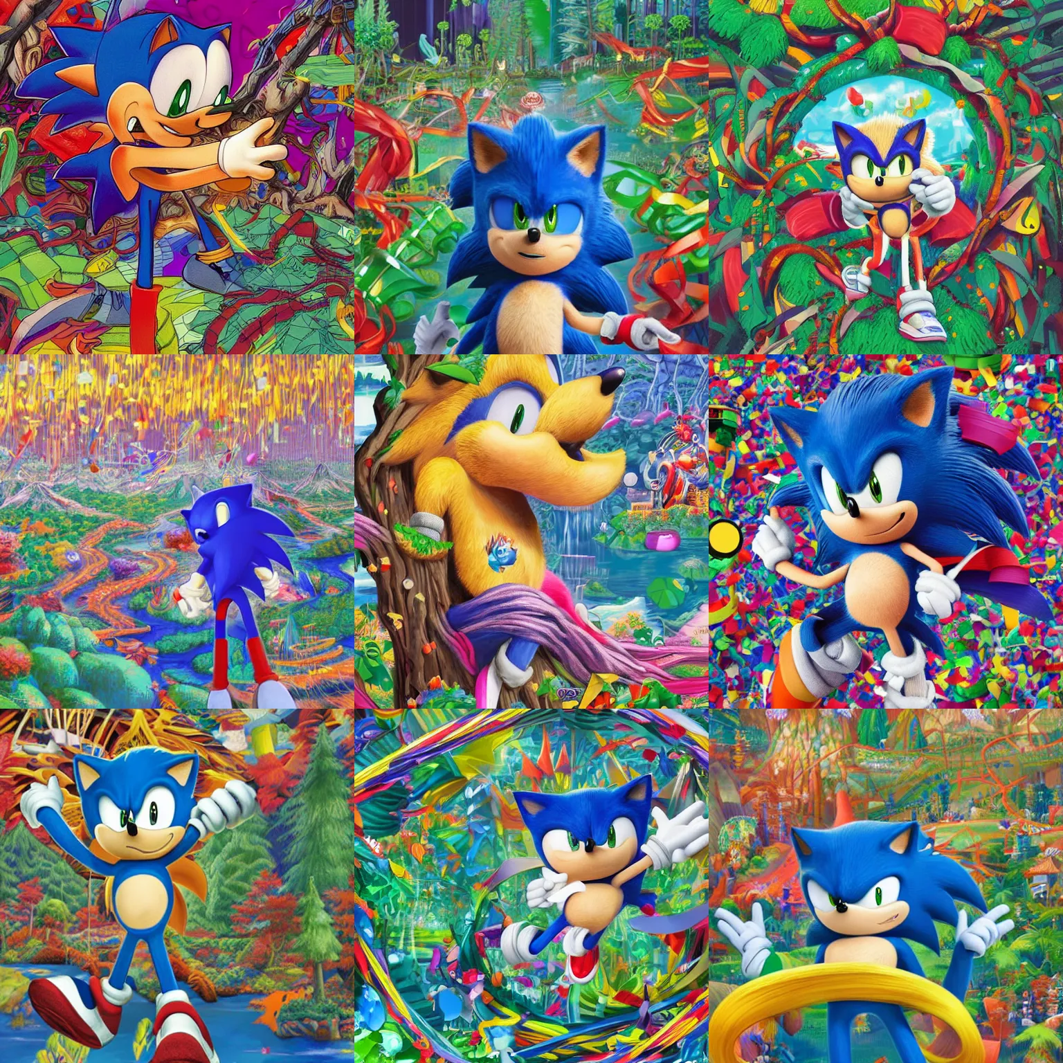 Prompt: closeup portrait of sonic the hedgehog with forests, river and mountains in the middle of the frame surrounded by colorful ribbons and party confetti , concept art, huge scale, high detail, sci fi by James Jean, 1990s 1992