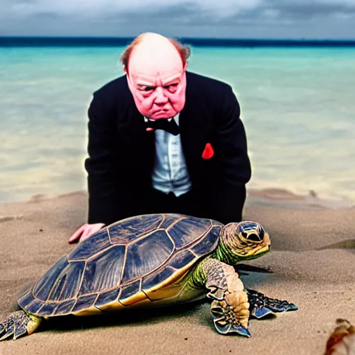 Prompt: An astonished aghast Winston Churchill discovers the first turtle ever in Galapagos, national geographic, BBC, XF IQ4, f/1.4, ISO 200, 1/160s, 8K, RAW, unedited