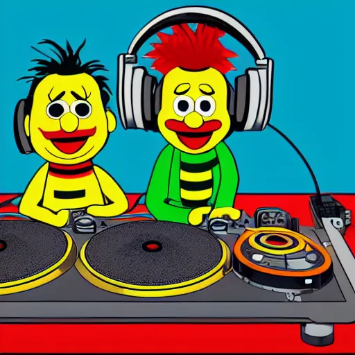 Image similar to svg sticker of a Pop-Wonder Bert&Ernie, Sesame-Street, at a rave, spinning records, giant headphones rocking out, wearing headphones, huge speakers, dancing, rave, DJ, spinning records, digital art, amazing composition, rule-of-thirds, award-winning, trending on artstation, featured on deviantart