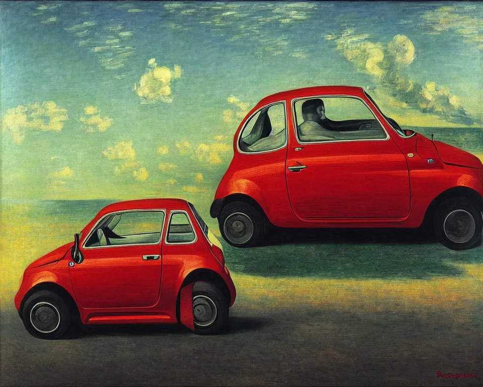 Prompt: achingly beautiful painting of a 2 0 1 3 fiat abarth by rene magritte, monet, and turner.