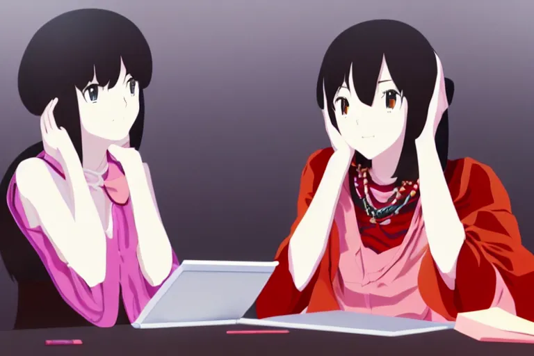 Image similar to portrait of two wise and very beautiful women discussing some texts appearing in a computer screen, in the style of bakemonogatari, intricate, elegant, highly detailed, smooth, sharp focus, artstation