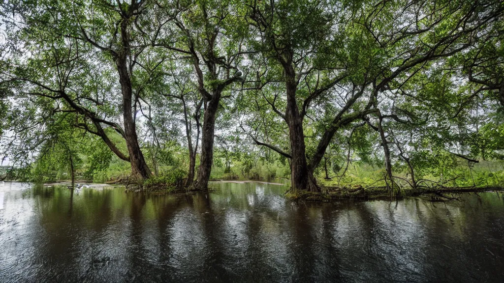 Prompt: a photo of tree in a middle of a river taken with a wide angle lens.