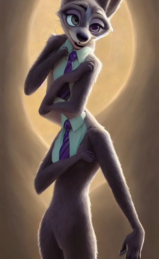 Image similar to oil painting of detailed full body of anthromorphic female wolf, in style of zootopia, zootopia, zootopia, fursona, furry, furaffinity, 4 k, deviantart, furry art, fursona art, wearing black business suit, business suit, in style of zootopia, wolf fursona, cyberpunk, female, expressive detailed feminine face,