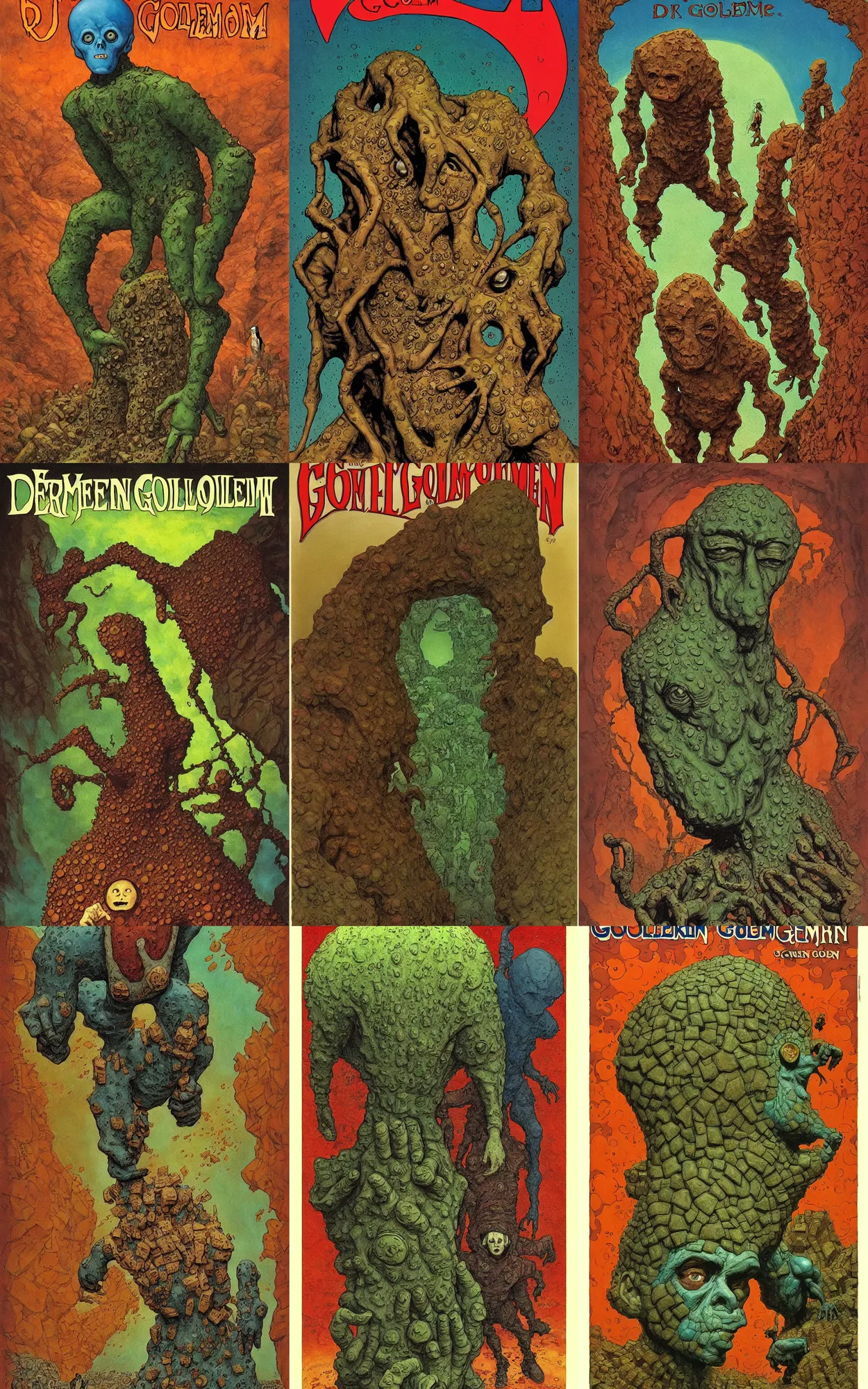 Prompt: comicbook cover for der golem und wie er die welt sah, painting by james jean and jean giraud, vertigo comics, 1 9 9 6, dreamy, vivid, sepia tones, green and brown colors with blue and red highlights for contrast, very detailed, ligne claire, featuring a nice classic logo for the comic in stone typography
