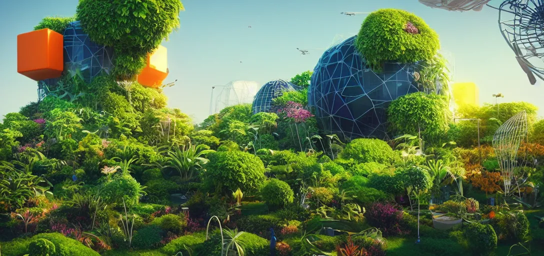 Image similar to futuristic garden with wireframe observatory and orange cube buildings with plants growing on top sci - fi, digital art by beeple