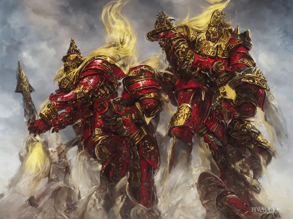 Image similar to a tall and imposing Warhammer 40k paladin in red black and gold armor, glorious LONG BLOND hair, by Ivan Aivakovsky, by Boris Vallejo, epic fantasy character art, D&D Concept Art, full length, Realistic, Regal, Refined, Detailed Digital Art, Oil Paining, Exquisite detail, post-processing, masterpiece, Cinematic Lighting, Unreal Engine, 8k, HD