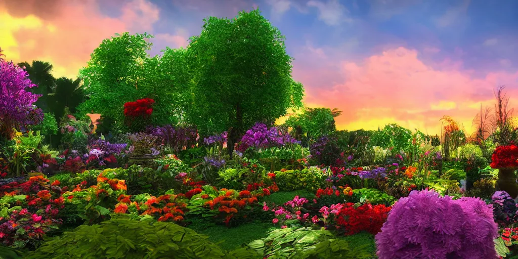 Image similar to A beautiful garden, with a variety of colorful flowers and lush green plants, set against a backdrop of a stunning sunset, trending on artstation, artstationHD, artstationHQ, photorealistic imagery, 3D art, 4k, 8k