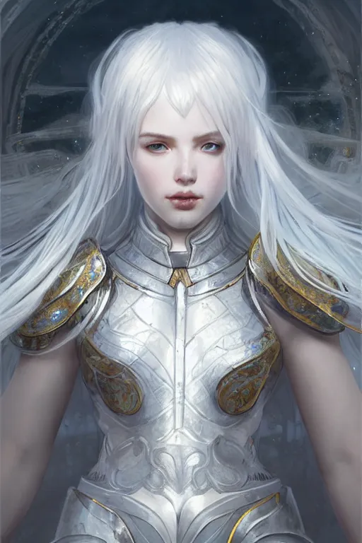 Image similar to portrait white hair knights of Zodiac girl, Sliver ice color reflected armor, in ruined Agora of Athens Sunrise, ssci-fi and fantasy, intricate and very very beautiful and elegant, highly detailed, digital painting, artstation, concept art, smooth and sharp focus, illustration, art by tian zi and WLOP and alphonse mucha