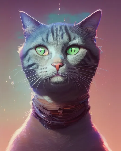 Image similar to highly detailed vfx portrait of a cat, stephen bliss, unreal engine, greg rutkowski, loish, rhads, beeple, makoto shinkai and lois van baarle, ilya kuvshinov, rossdraws, tom bagshaw, alphonse mucha, global illumination, detailed and intricate environment