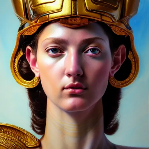 Image similar to hyperrealistic mixed media painting of beautiful goddess Athena, stunning 3d render inspired art by P. Craig Russell and Barry Windsor-Smith, perfect facial symmetry, dim volumetric lighting, 8k octane beautifully detailed render, post-processing, portrait, extremely hyper-detailed, intricate, epic composition, brown eyes, cinematic lighting, masterpiece, trending on artstation, very very detailed, masterpiece, stunning