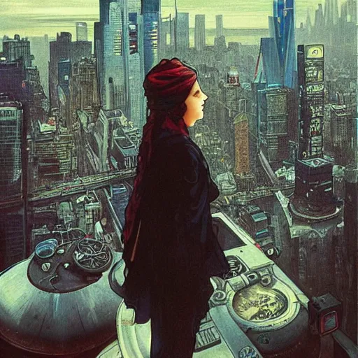 Image similar to “ a girl standing on a ledge looking down at a futuristic new york city below, cyberpunk, ghostpunk, storm clouds, very detailed, by alphonse mucha ”