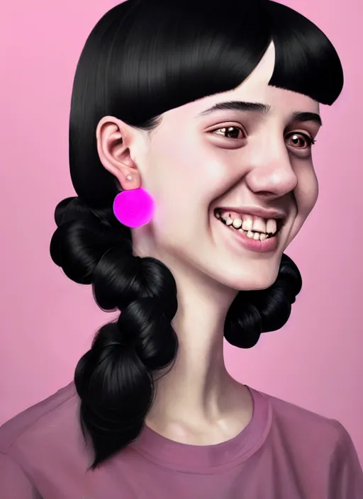 Prompt: portrait of teenage girl, realistic, black hair, bangs, half updo hairstyle, pointy nose, skinny, smile, ugly, defined jawline, big chin, pink hair bow, earrings, intricate, elegant, glowing lights, highly detailed, digital painting, artstation, sharp focus, illustration, art by wlop, mars ravelo and greg rutkowski