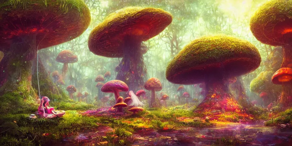 Image similar to ”young girl sitting by a mushroom and playing a flute, giant mushroom houses in a mysterious fantasy forest, [bioluminescense, rope bridges, art by wlop and paul lehr, cinematic, colorful]”