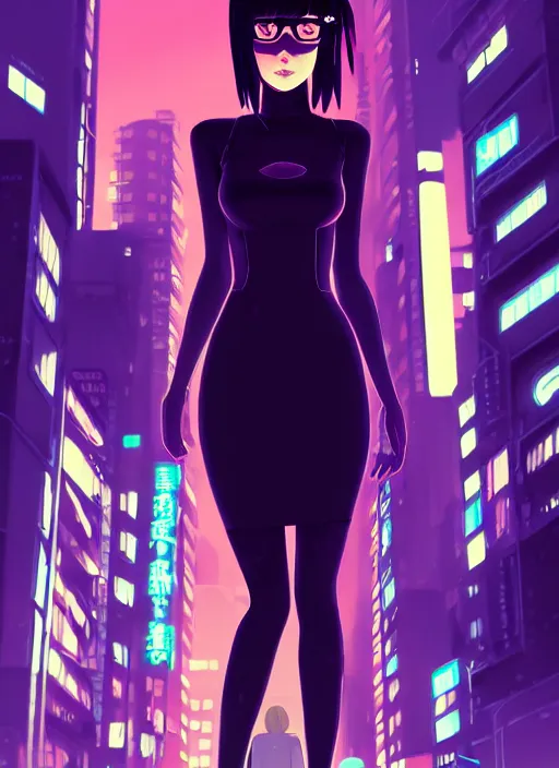 Image similar to digital illustration of cyberpunk pretty girl with blue hair, wearing a tight black dress, in city street at night, by makoto shinkai, ilya kuvshinov, lois van baarle, rossdraws, basquiat