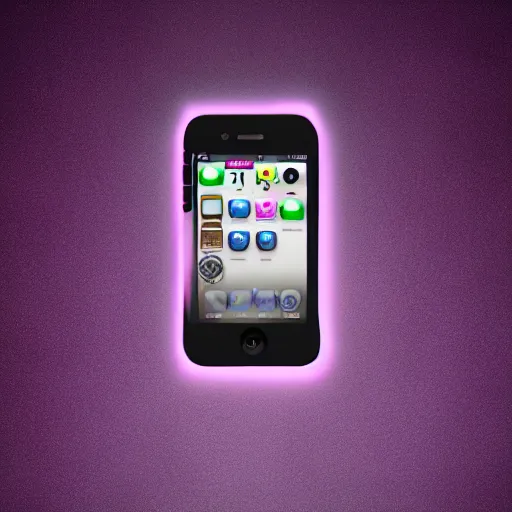 Prompt: y 2 k realistic render of a pink iphone 4 in a glowing purple room, hyper realistic, hd glossy 8 k realistic shiny sparkling