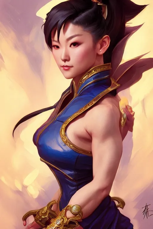 Image similar to beautiful chun li, full body shot, d & d, fantasy, intricate, elegant, highly detailed, digital painting, artstation, concept art, matte, sharp focus, illustration, hearthstone, art by artgerm and greg rutkowski and alphonse mucha