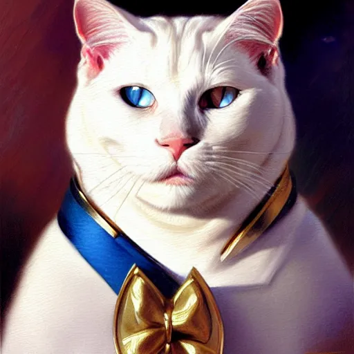 Image similar to a portrait of a manly white cat feline, blue eyes, handsome, attractive, fit, star trek the next generation. highly detailed painting by gaston bussiere, craig mullins, j. c. leyendecker, furry