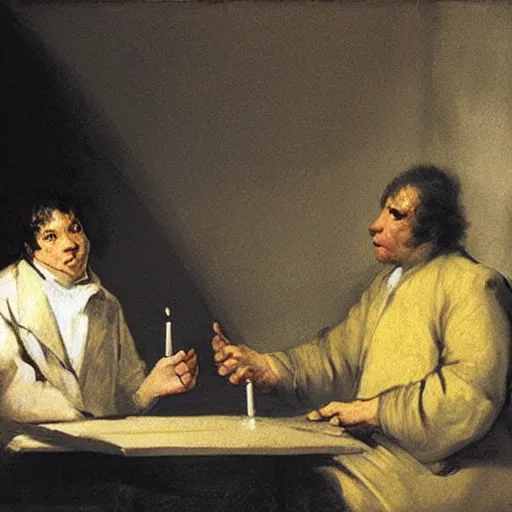 Prompt: two men arguing about neural networks in small room lighted by candles. art by francisco goya - w 1 0 2 4