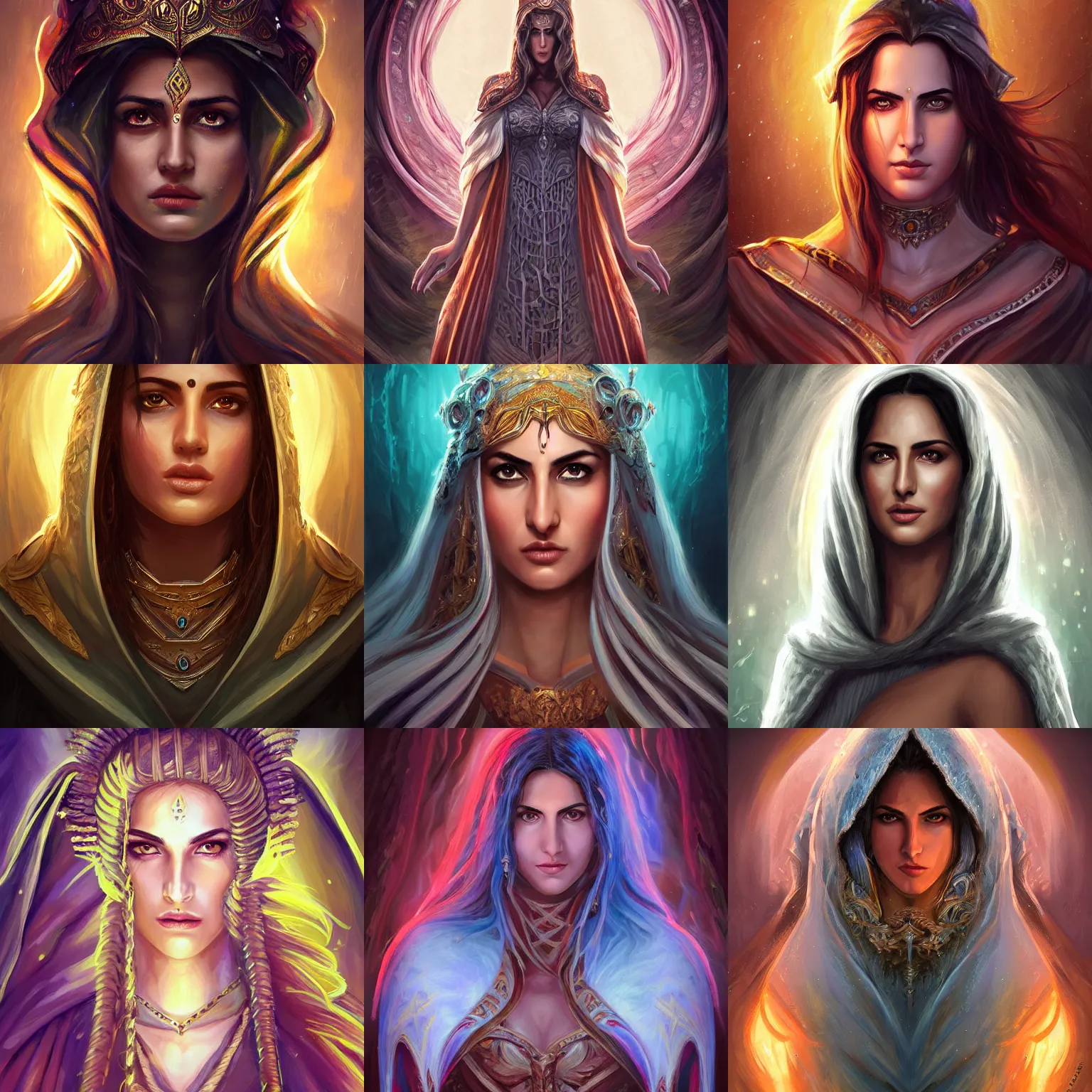 Prompt: head-on centered symmetrical painted portrait, Katrina Kaif as a D&D Storm Sorcerer, hood, intricate fantasy robes, fantasy, intricate, elegant, highly detailed, digital painting, smooth, sharp focus, illustration, dramatic lighting, artstation, in the style of Artgerm and Anna Podedworna and Alex Ross