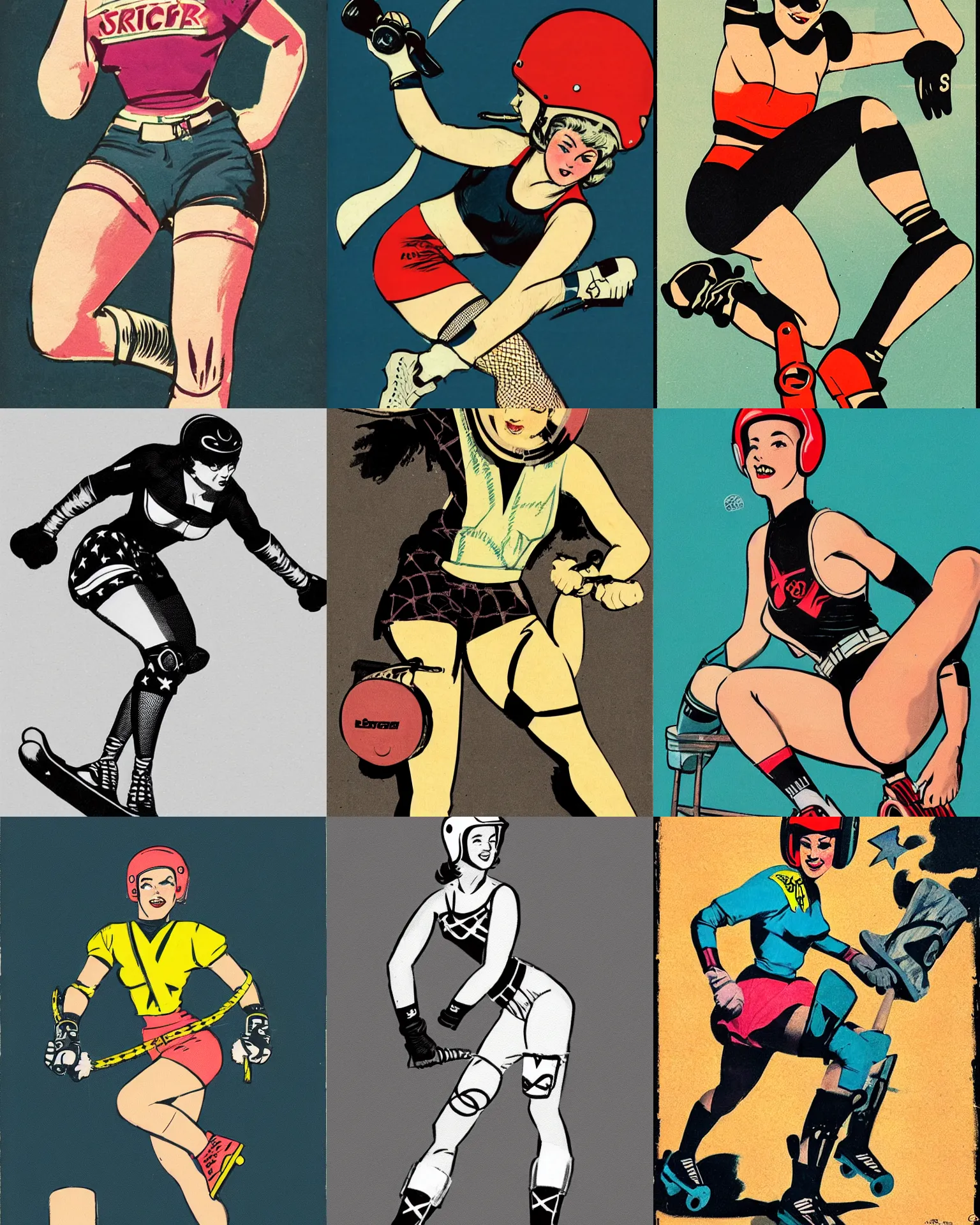 Image similar to 1950s logo of a roller derby girl doing Cross-Over, wearing skate helmet, knee pads, elbow pads, fishnet tights, showing off biceps, illustration by greg rutkowski and mcbess, 1950s