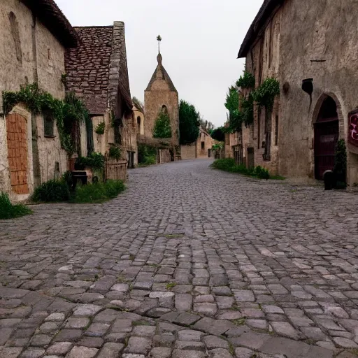 Prompt: medieval village filled with cheering people, empty road in the middle, eye level, photo - realistic