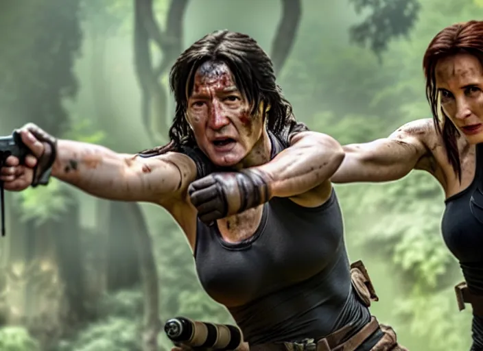 Image similar to film still of!!!! jackie chan jackie chan jackie chan!!! as lara croft in new tomb raider movie, 8 k