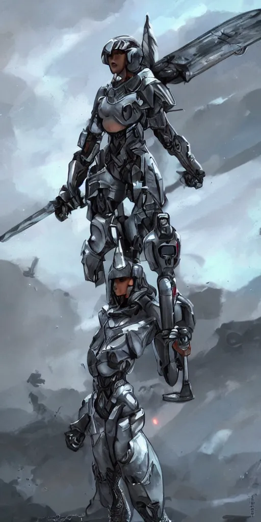 Image similar to valkyrie in a mech suit wielding a rocket-powered sword, artstation, digital art, concept art