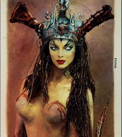 Image similar to empress of the wasteland, scrap metal headdress, beautiful! coherent! by brian froud, by frank frazetta