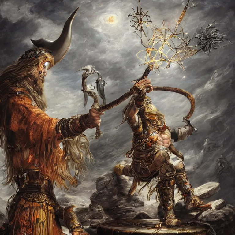 Image similar to mythological Viking Shaman of artificial intelligence creating an artificial neural network with synapses on an anvil, high resolution, award winning art, trending on art station, sharp image, incredibly detailed, detailed character realistic painting, painting by peter paul rubens