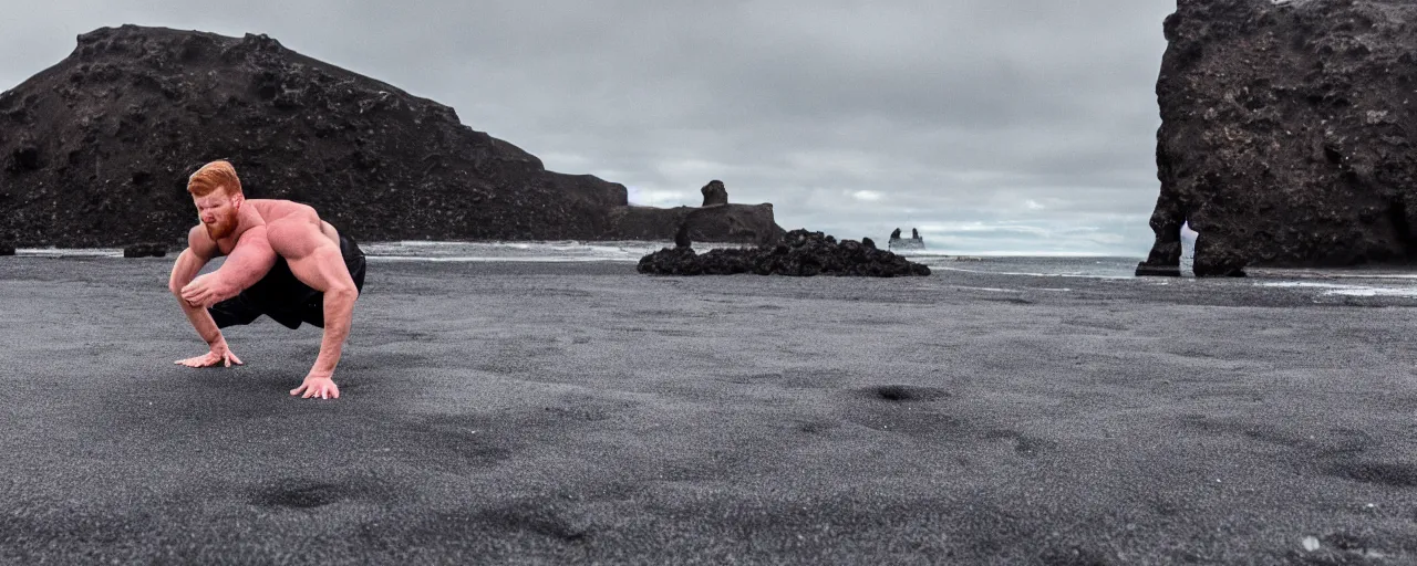 Prompt: cinematic shot of giant symmetrical ginger handsome gym bro doing pushups in the middle of an endless black sand beach in iceland with icebergs in the distance,, 2 8 mm