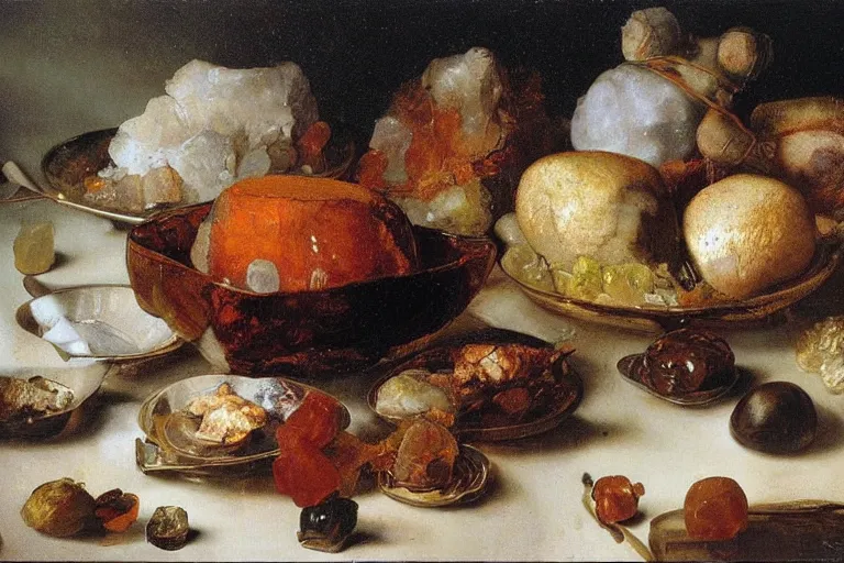 Prompt: crystals and gemstones that look like a thanksgiving feast, the food is made out of crystals and rocks, hyperrealism, 8 k, dutch masters, art by rembrandt