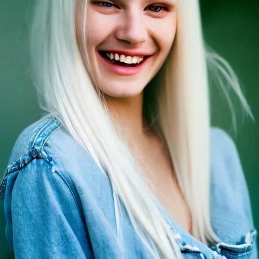 Image similar to beautiful portrait of a cute thin young woman smiling smugly, long light platinum blonde hair, flushed face, blue eyes, golden hour, 8 k, portra 4 0 0